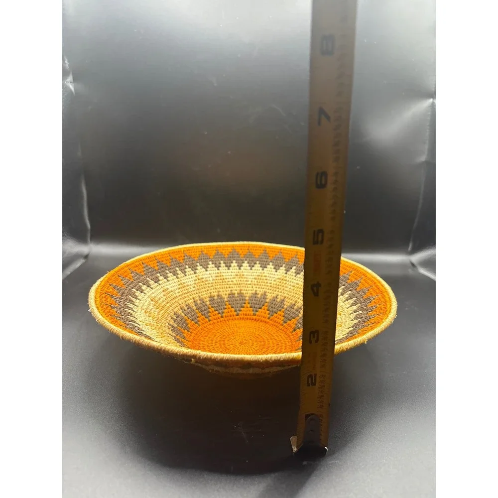 Hand Woven Basket Bowl Orange Brown Geometric Art 6.5in